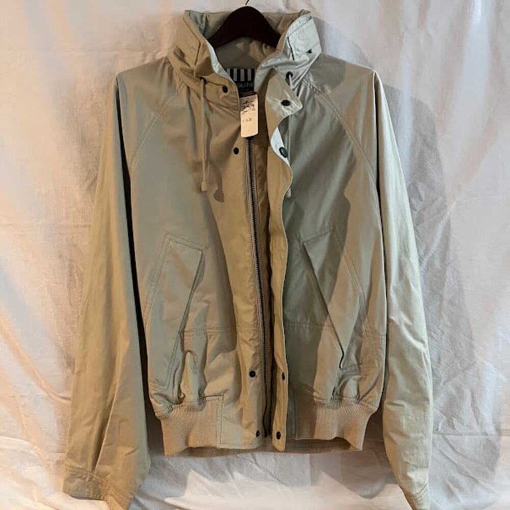 VTG NWT Nautica Jacket Mens Beige Full Zip Stripe Lining Hidden Hood 90s Large